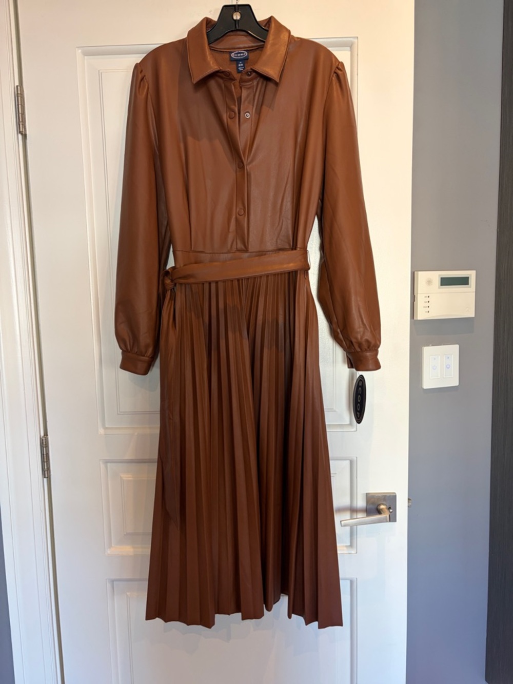 Brown Faux-Leather Pleated Long-Sleeve Shirt Dress with Belt